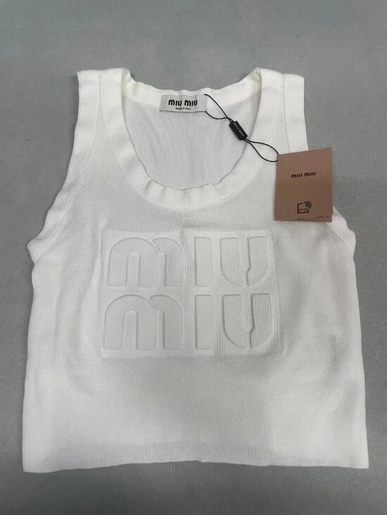 Miu Miu Tops - Miu Miu White Ribbed Knit Tank Top w/ 3D Embossed Logo